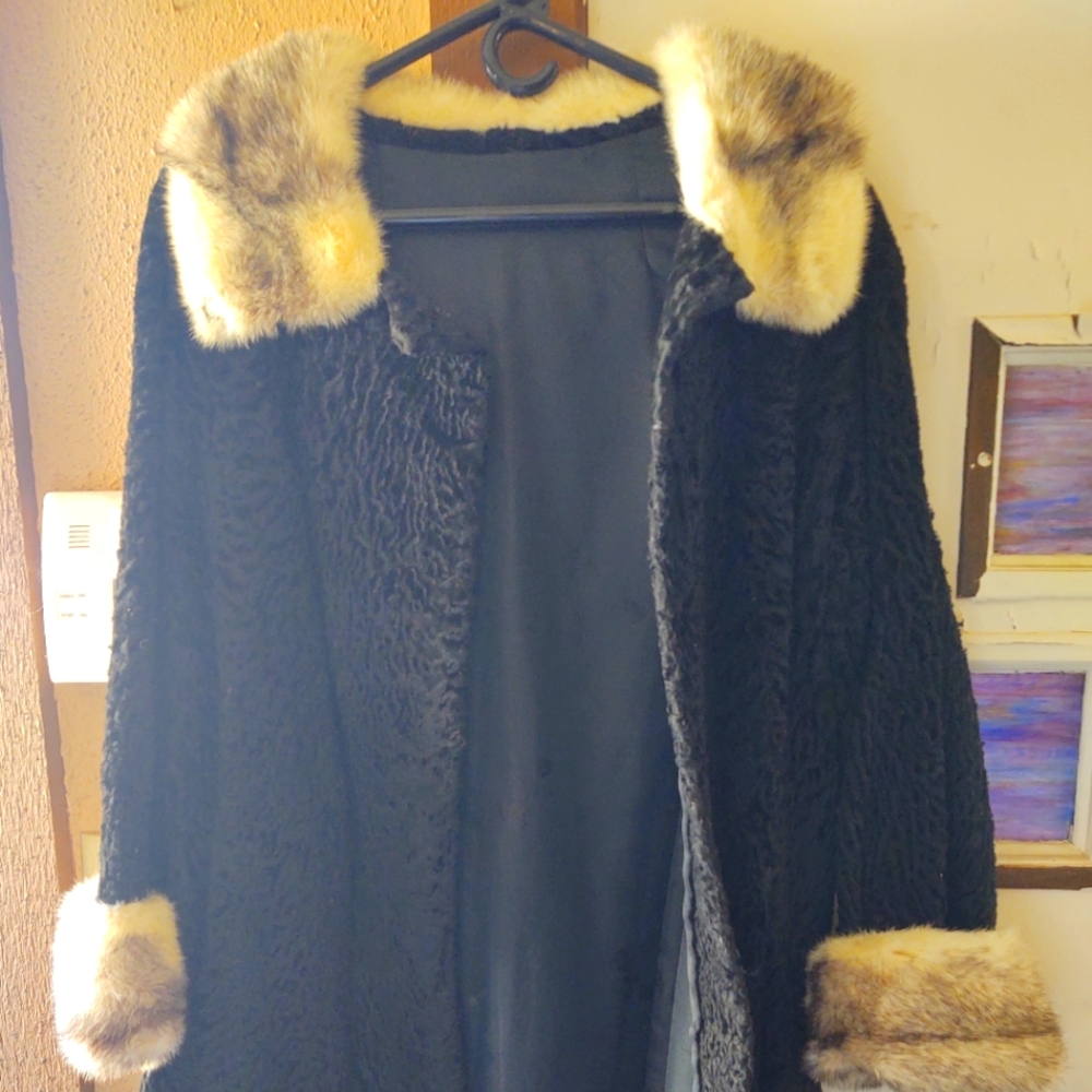 Black Fur Coat with White Accents